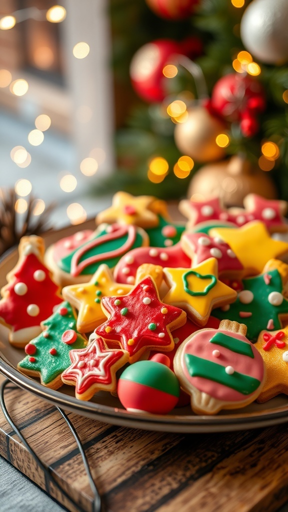 A plate of decorated Christmas doodles in various shapes, showcasing vibrant colors and festive decorations.
